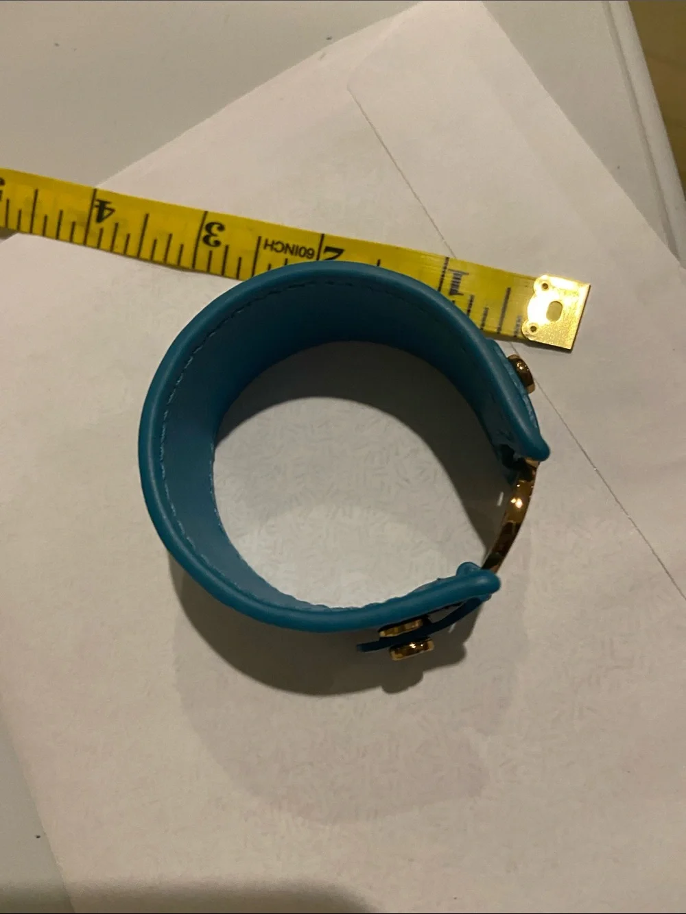 Tory Burch Turquoise Leather Logo Cuff with Gold Emblem